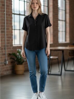 Classic Black Short-Sleeve Button-Down Shirt NWT